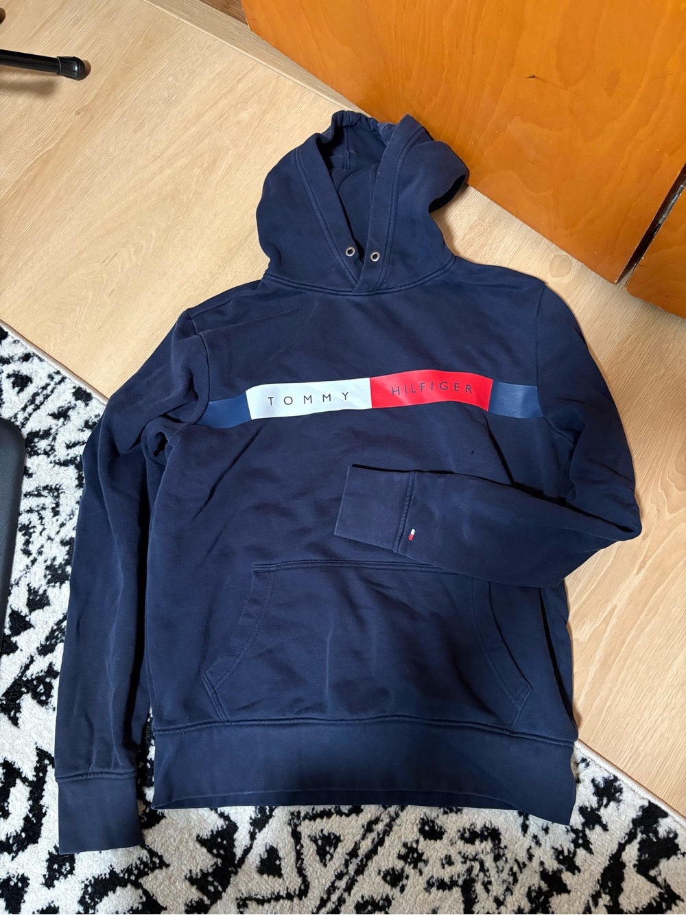 Tommy Hilfiger Navy Pullover Hoodie with Red & White Logo Stripe